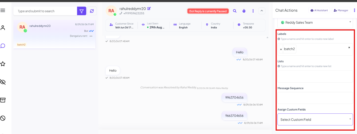Chat Actions panel showing a Labels field with the batch2 label already assigned, a Lists field, a Message Sequence field, and an Assign Custom Fields dropdown