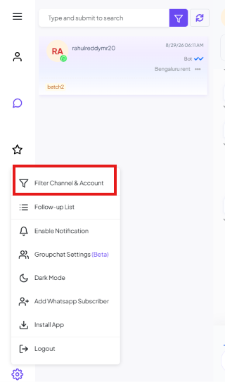 Shared Inbox settings menu with Filter Channel & Account highlighted at the top, above Follow-up List, Enable Notification, Groupchat Settings, Dark Mode, Add Whatsapp Subscriber, Install App, and Logout
