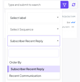 Order By dropdown open, with Subscriber Recent Reply and Recent Communication options