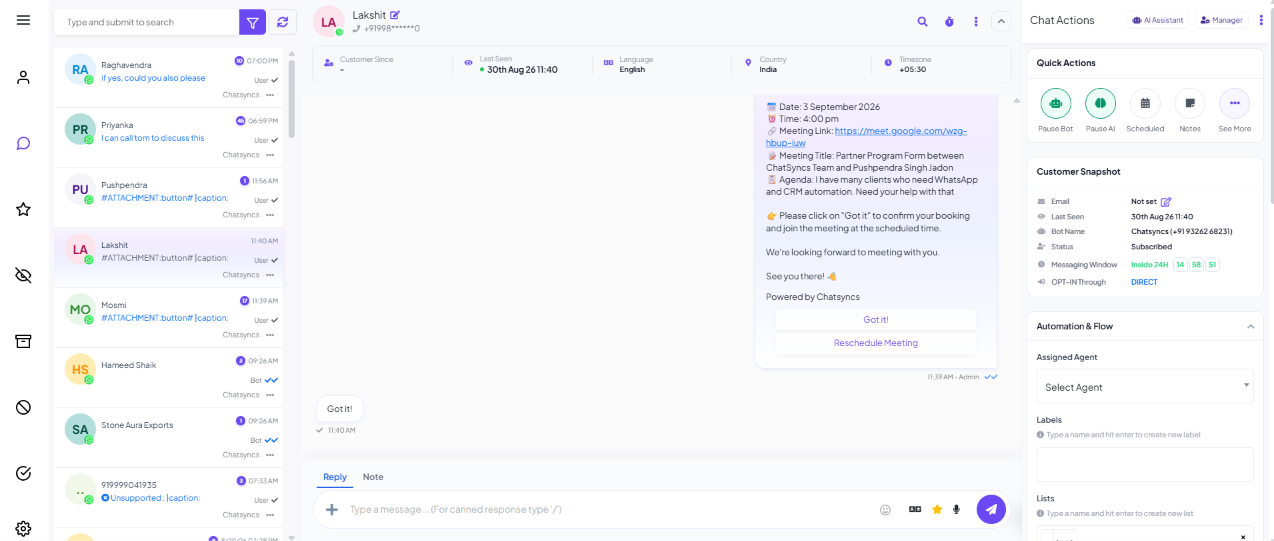 Chat Actions panel with Assigned Agent, Labels, and Lists fields, each ready to type a name and hit enter to create a new one