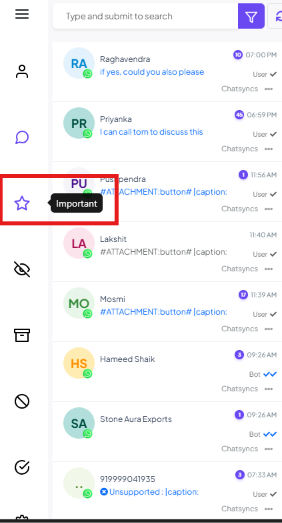 Shared Inbox left icon rail with the star icon's Important tooltip showing