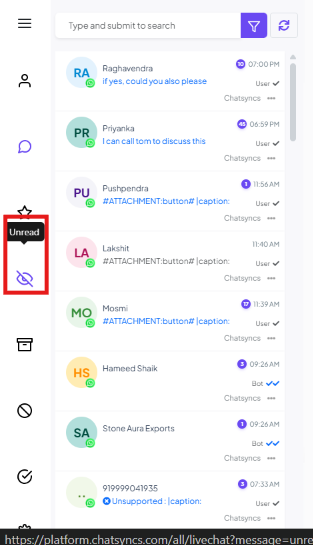 Shared Inbox left icon rail with the eye-slash icon's Unread tooltip showing