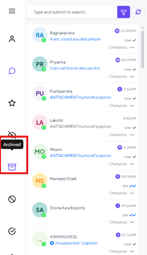 Shared Inbox left icon rail with the archive icon's Archived tooltip showing