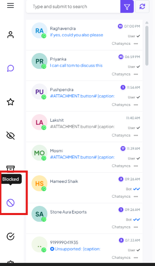Shared Inbox left icon rail with the no-entry icon's Blocked tooltip showing