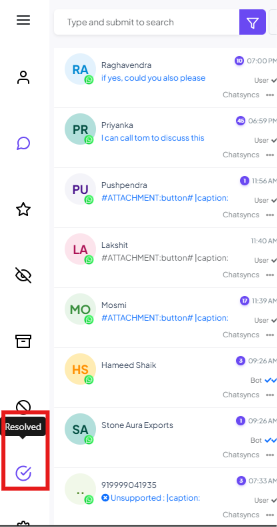 Shared Inbox left icon rail with the checkmark icon's Resolved tooltip showing