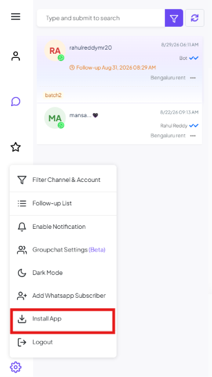 Shared Inbox Settings menu listing Filter Channel & Account, Follow-up List, Enable Notification, Groupchat Settings (Beta), Dark Mode, Add Whatsapp Subscriber, Install App, and Logout