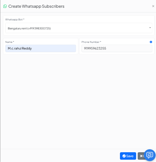 Create Whatsapp Subscribers modal with Whatsapp Bot, Name, and Phone Number fields, and a Save button