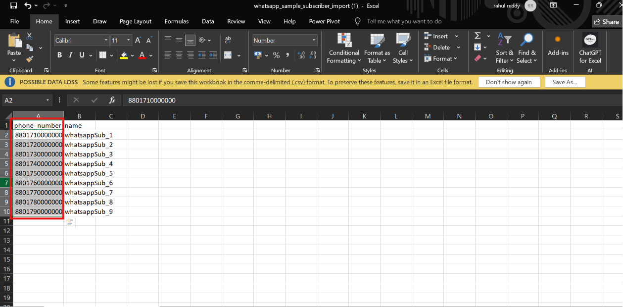 Excel spreadsheet with phone_number column showing correctly formatted full phone numbers