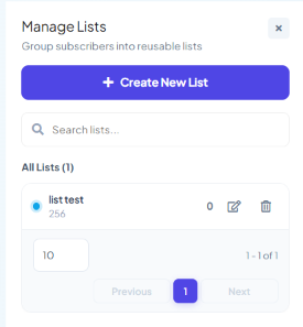 Manage Lists panel showing All Lists with one existing list, its subscriber count, and edit and delete icons