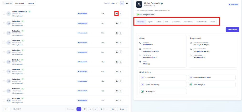 Subscriber Manager list with the new subscriber selected, showing their profile panel with Overview, Agent, Labels, Lists, Sequences, Input Flows, Custom Fields, and Notes tabs