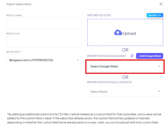 Import Subscribers modal with the Select Google Sheet dropdown highlighted, next to the Add Google Sheet button