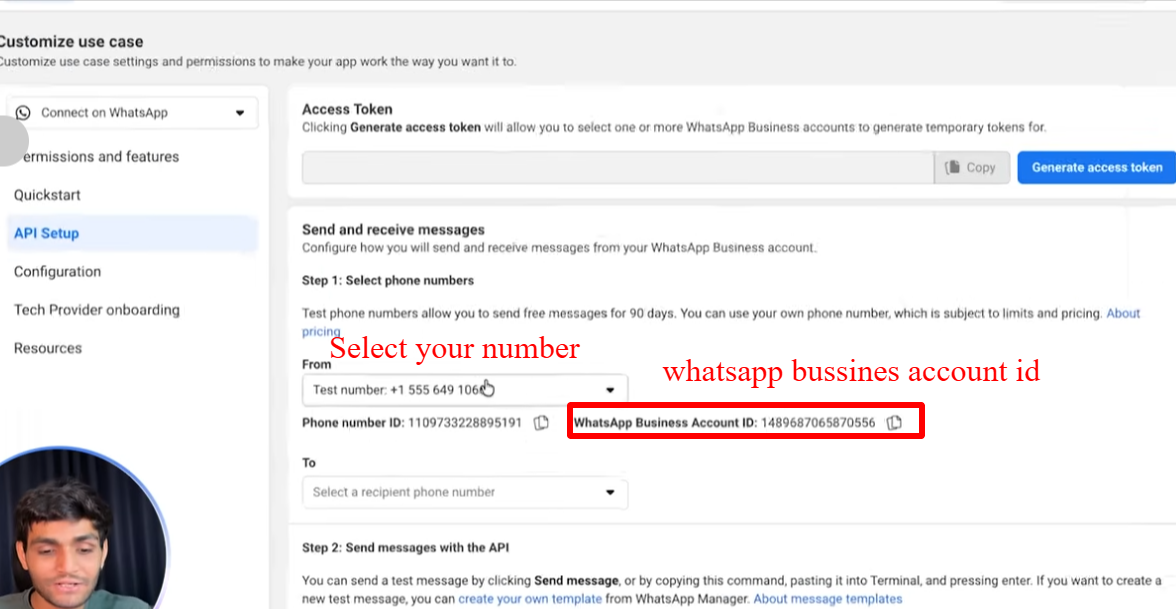 API Setup screen showing test number, Phone Number ID, and WhatsApp Business Account ID